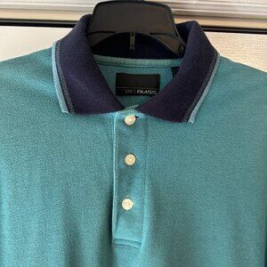 Bill Blass Mens Medium Button Short Sleeve Polo Shirt Green and Navy Blue Vtg